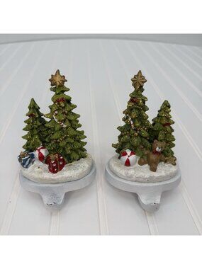 Glittered Holiday Tree Stocking Holders Resin Set Of 2 World Accents
